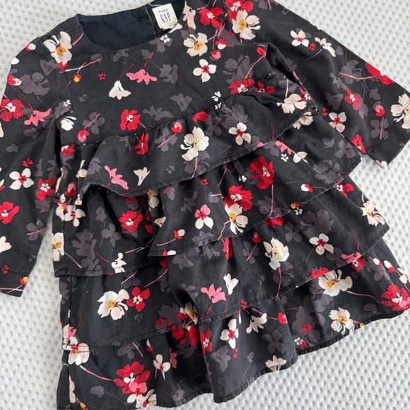 GAP Kids Floral Red And Black Ruffle Tiered Long Sleeve Dress Size 18-24m - Picture 2 of 6